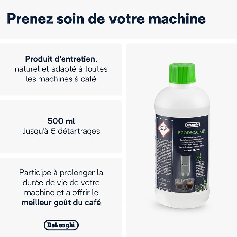 EcoDecalk Détartrant DLSC500, 5 Doses de Décalcification, Accessoire de Maintenance pour Machine à Café, Ingrédients à Base de Plantes, Bouteille Avec 5 Doses, 500ml