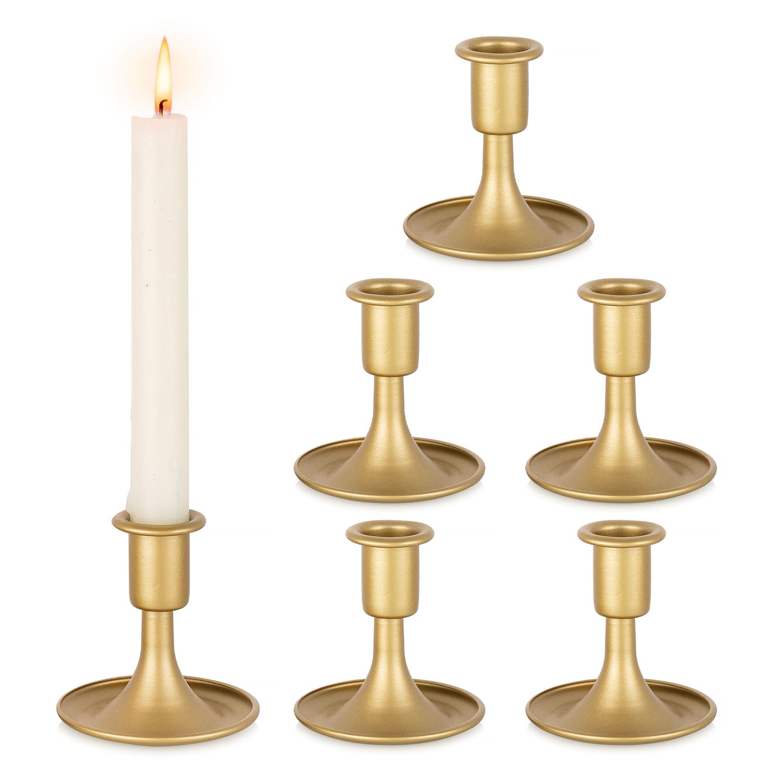 Inweder Matte Gold Candle Holders: Set of 6 Vintage Candlestick Holders for Table Centrepiece Brass Taper Candle Holder for Christmas Wedding Party Mantelpiece Decoration