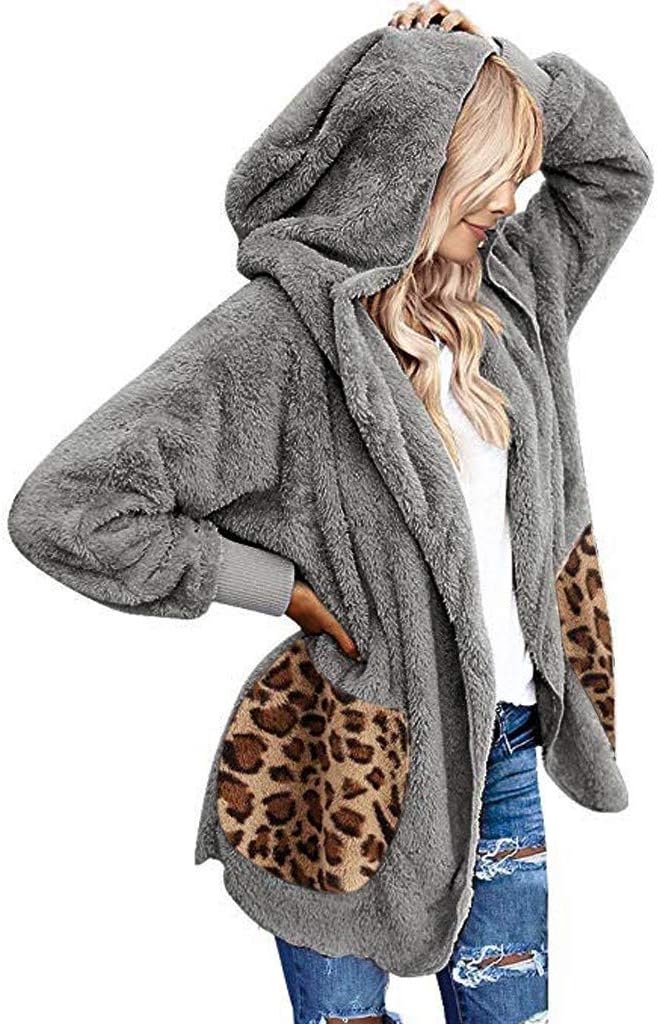 TwoCC Cardigan with Seams for Women, Leopard, Plus Size, Casual, Long Sleeve, Pocket, Jacket with Plush Hood