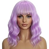 Mxayhnajxl Purple Wigs with Bangs for Women 14 Inch Shoulder Length Short Wavy Bob Wigs With Bangs Curly Wig Heat Resistant Synthetic Colorful Wavy Wigs Cosplay Wig For Daily Party Halloween