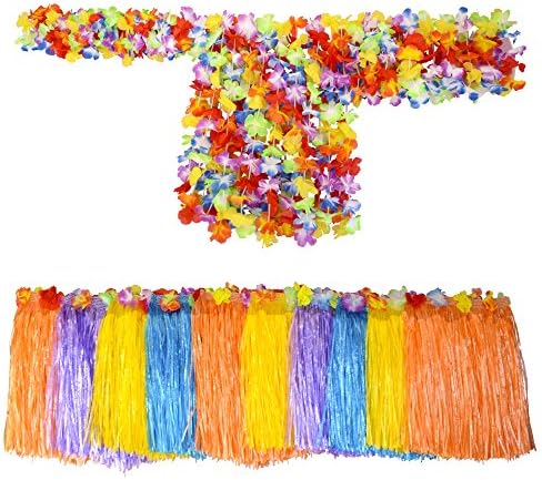 SMITCO Hawaiian Luau Grass Skirt, Faux Silk Flower Leis and Bracelet Costume Party Set for 10, Girls Ages 2-12