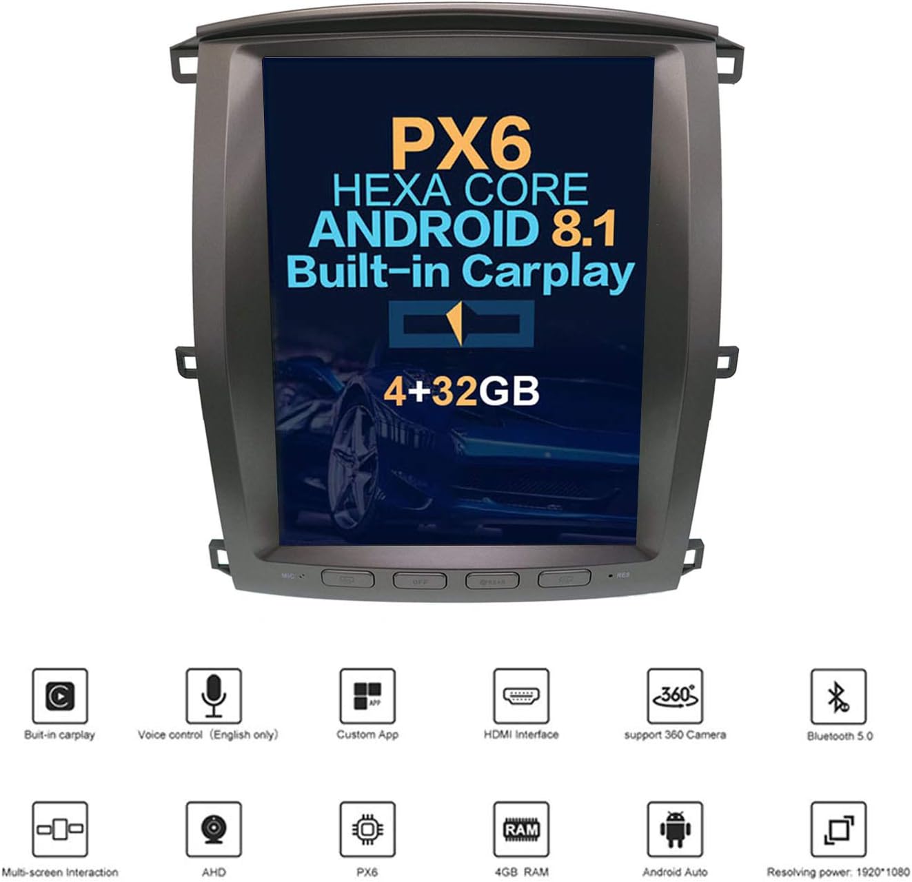 Autostereo 12.1 inch Vertical Screen Andriod 8.1 One Din Car Stereo Sat Nav Bluetooth GPS Navigation For Toyota Land cruiser LC100 2003-2007 Adapter Head Unit Wifi Carplay (4GB RAM 32GB ROM)