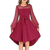 grewley Girls Dresses Puff Long Sleeve Mesh A Line Casual Formal Party Dresses Belted Dress with Pockets 5-14 Years