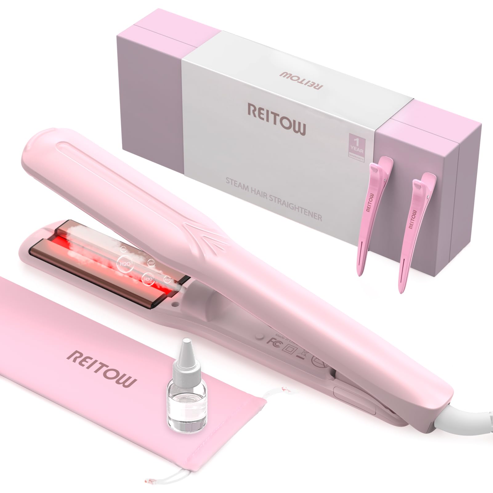 Photo 1 of Reitow 1.5 Inch Wide Steam Hair Straightener for Women, Infrared Flat Iron for All Hair Type, Dual Voltage Ceramic Hair Straightening Iron, Reduce Damage,Static,frizz; Boost Hydration,Shine, Pink