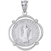 Sterling Silver Medalla De San Benito Saint St Benedict CZ Round Frame Pendant