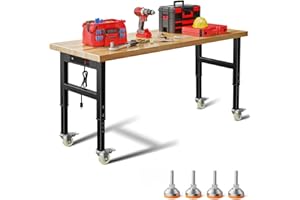 FLAWNT 60" Adjustable Work Bench,Hardwood Top Garage Work Bench Table,Heavy Duty 2000 LBS Load Worktable,Rolling Mobile Workbench with Power Strip for Workshop Office Home