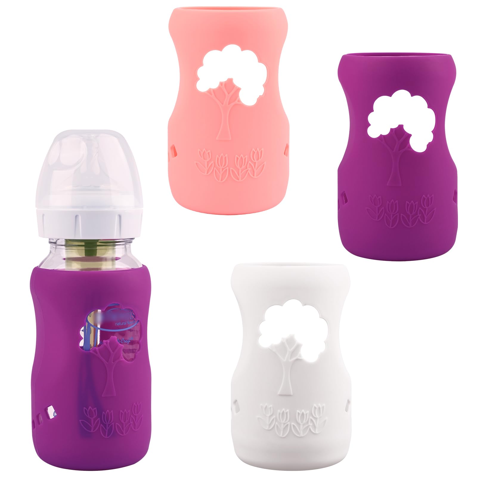 Photo 1 of 3 Pack Silicone Sleeves for Dr. Brown's Natural Glass Baby Bottles, Anti Breakage Baby Bottle Holder, Compatible Dr. Brown Wide-Neck Glass Baby Bottles 9 oz (White+Pink+Purple)