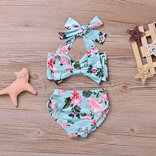 2Pcs Baby Girls Halter Bowknot Tube Top+Floral Short Bottoms Bikini Bathing Suit Swinwear (Floral, 12-18Months) - Thumbnail 3