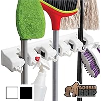 Gorilla Grip Premium Mop and Broom Holder, 5 Auto Adjust Slots, 6 Hooks, Holds Up to 50 Lbs, Easy Install Wall Mount, Store Cleaning and Gardening Tools, Organize Kitchen, Garage, Storage Rooms, White