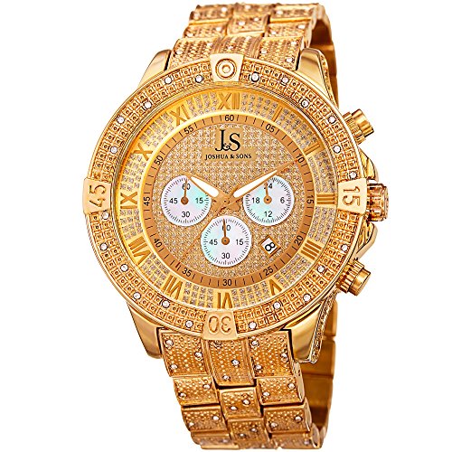 Joshua & Sons Chronograph Mother-of-Pearl Crystal Pave Dial with Polished and Beaded Gold-Tone Bezel on Gold-Tone Beaded Stainless Steel Bracelet Watch JX121YG