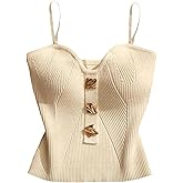 OYOANGLE Women's Ribbed V Neck Cami Top Metal Decor Spaghetti Strap Fitted Dressy Tops Beige Medium
