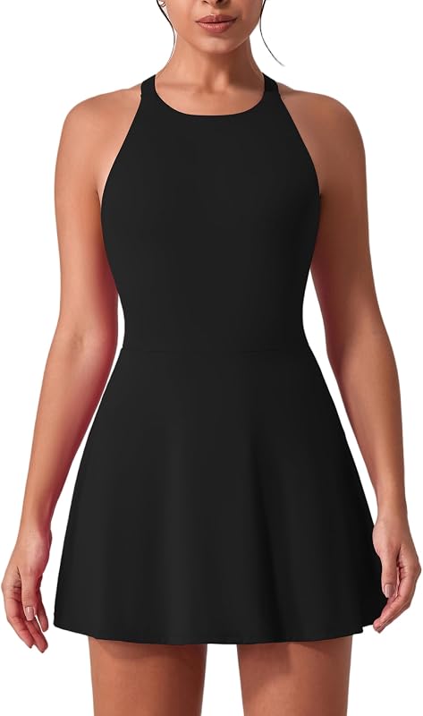 Tenniskleid Damen Golfkleid mit Integriertem BH und Shorts Tasche Cross Back Cut Out Sportkleid Mädchen Trainingskleid Freizeitkleid Tank Dress Athletic Workout Fitness Sport schwarz M