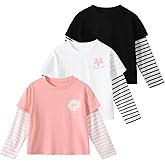 Fdqin Little Girls Graphic Print Tee Shirt 3 Packs Long Sleeve Shirts Crew Neck Knit Tops Casual Daily Shirt 4-12Years