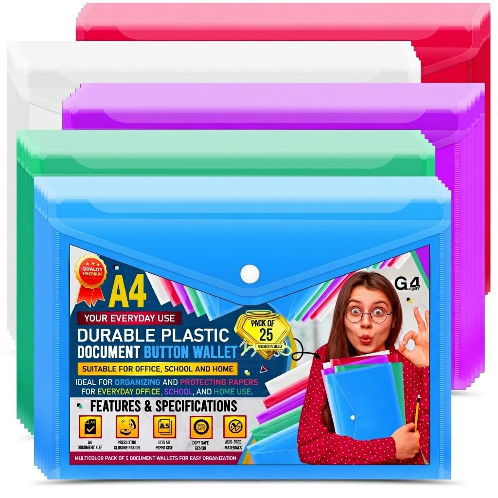 25 A4 / Foolscap Bright Transparent Popper Wallet/Paper Wallets - Assorted Colours