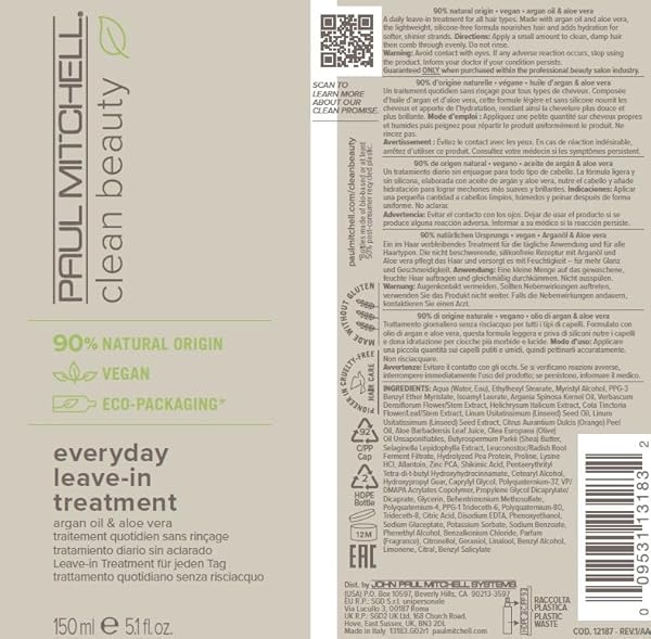 PAUL MITCHELL CLEAN BEAUTY EVERYDAY LEAVE-IN TREATMENT, LEAVE-IN CONDITIONER, DELIVERS HYDRATION, FOR ALL HAIR TYPES, 5.1 FL. OZ