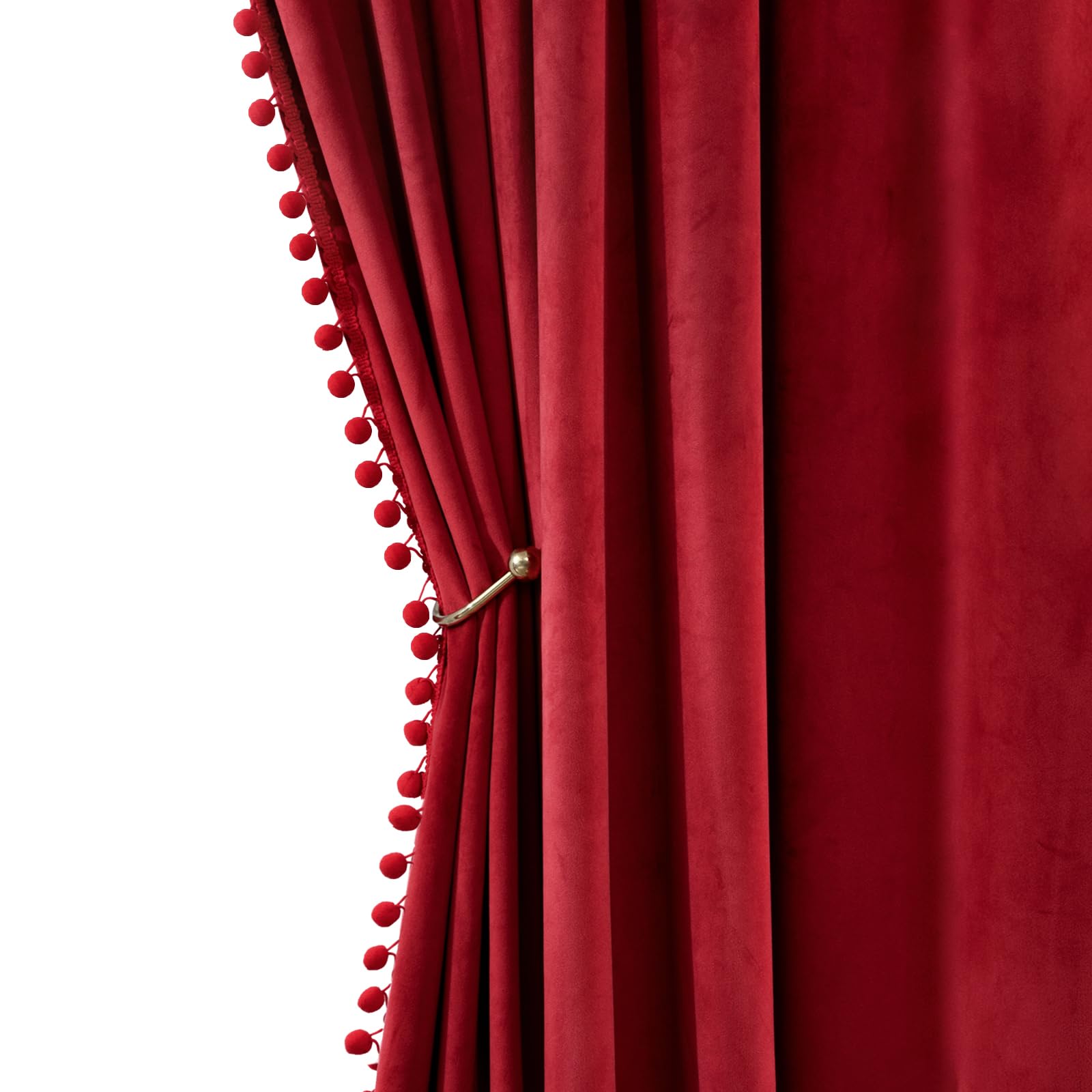 MIULEE Red Pom Pom Velvet Curtains for Bedroom/Living Room Darkening Thermal Insulating 63 Inches Long Christmas Blackout Curtains with Rod Pocket for Girls Room/Nursery/Home Theater Set of 2 Image