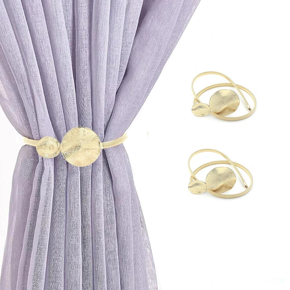 YONAIL Curtain Tiebacks 2 Pack Gold Metal Lotus Curtain Holdbacks Holder Adjustable Spring Rope Curtain Straps Curtain Drape Tie Backs for Home & Office Window