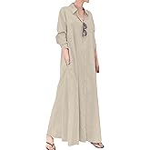 YINGLOP Women's Cotton Linen Shirt Dress Long Sleeve Floral Print Button Down Maxi Dress with Pockets