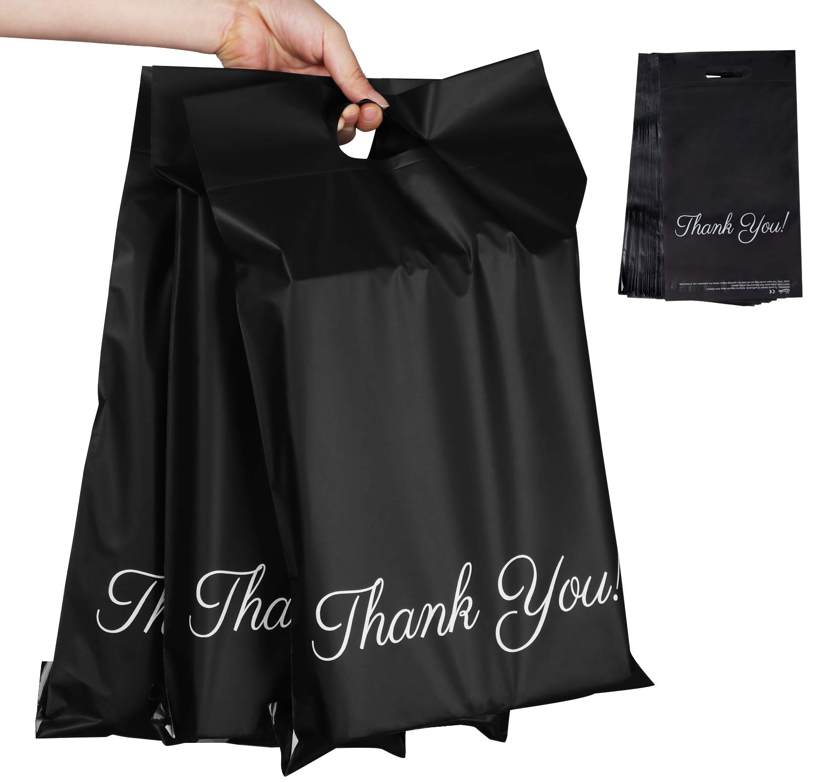 60pcs Black Mailing Bags 10 x 14 Inch (250 x 350mm),Tote Convenient Self Seal Postage Bags with Handle and “Thank You” Envelopes Poly Mailers Packaging Postage Mail Sacks