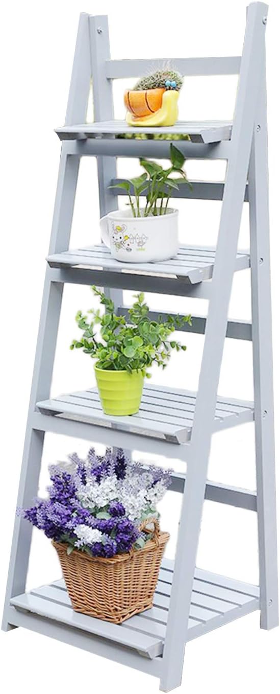 Hehilark 3/4- Tier Ladder Bookshelf Solid Wood Folding Flower Display Stand for Bookcase Leaning Plant Storage Rack (Grey, 4-Tier)