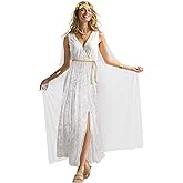 MCJC Ancient Greek Goddess Costume, White Velvet Maxi Dress with Gold Accents, Roman Toga Style Halloween Cosplay Gown