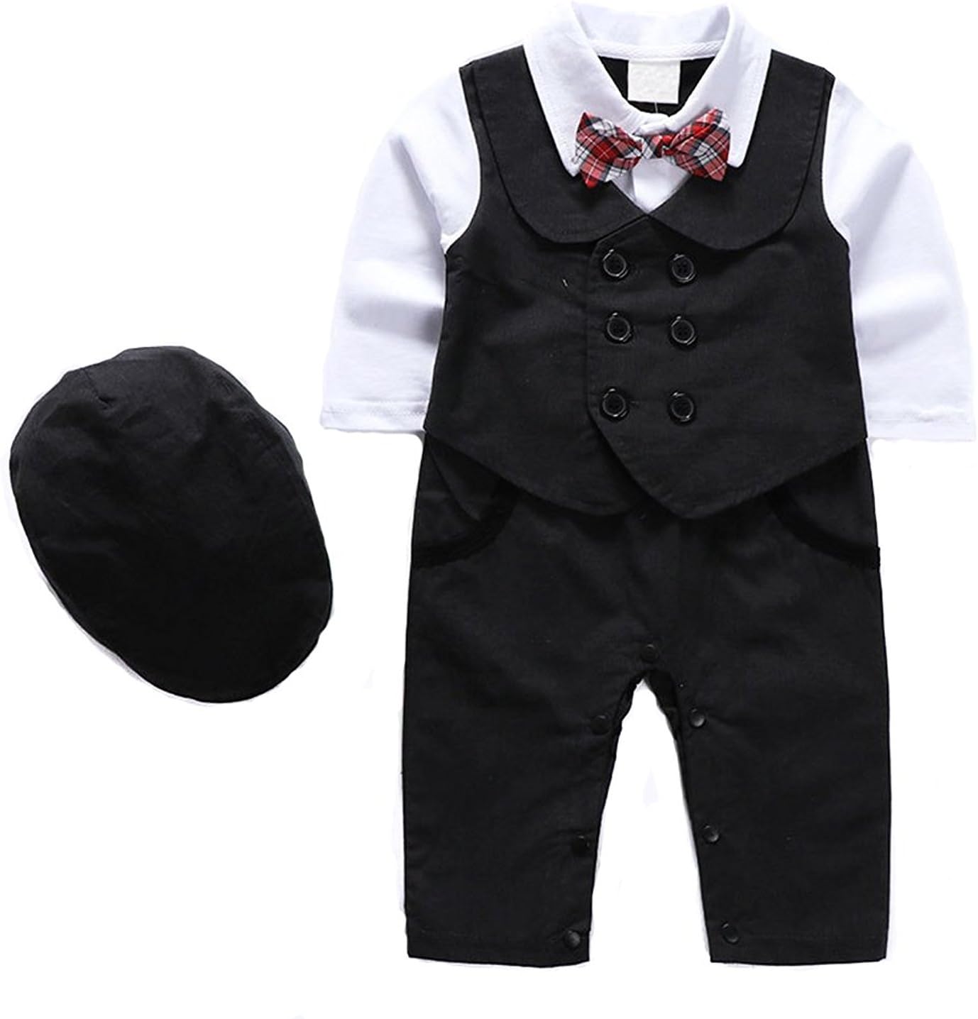 1Pcs Baby Boy Long Sleeves Jumpsuit Tuxedo Clothing Set with Berets Cap and Bowtie
