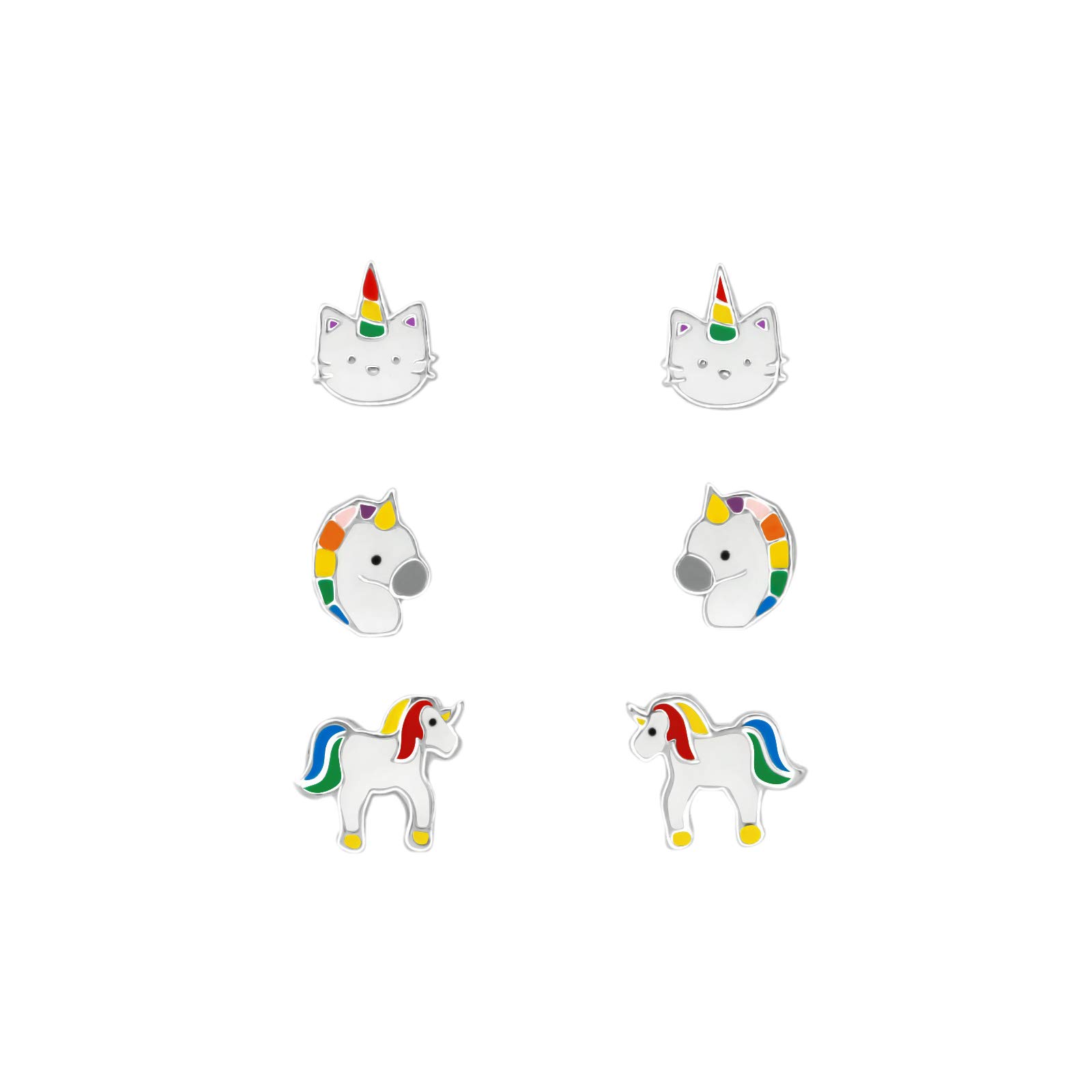 The Rose & Silver Company Girls 925 Sterling Silver Unikitty Unicorn Stud Earrings Set