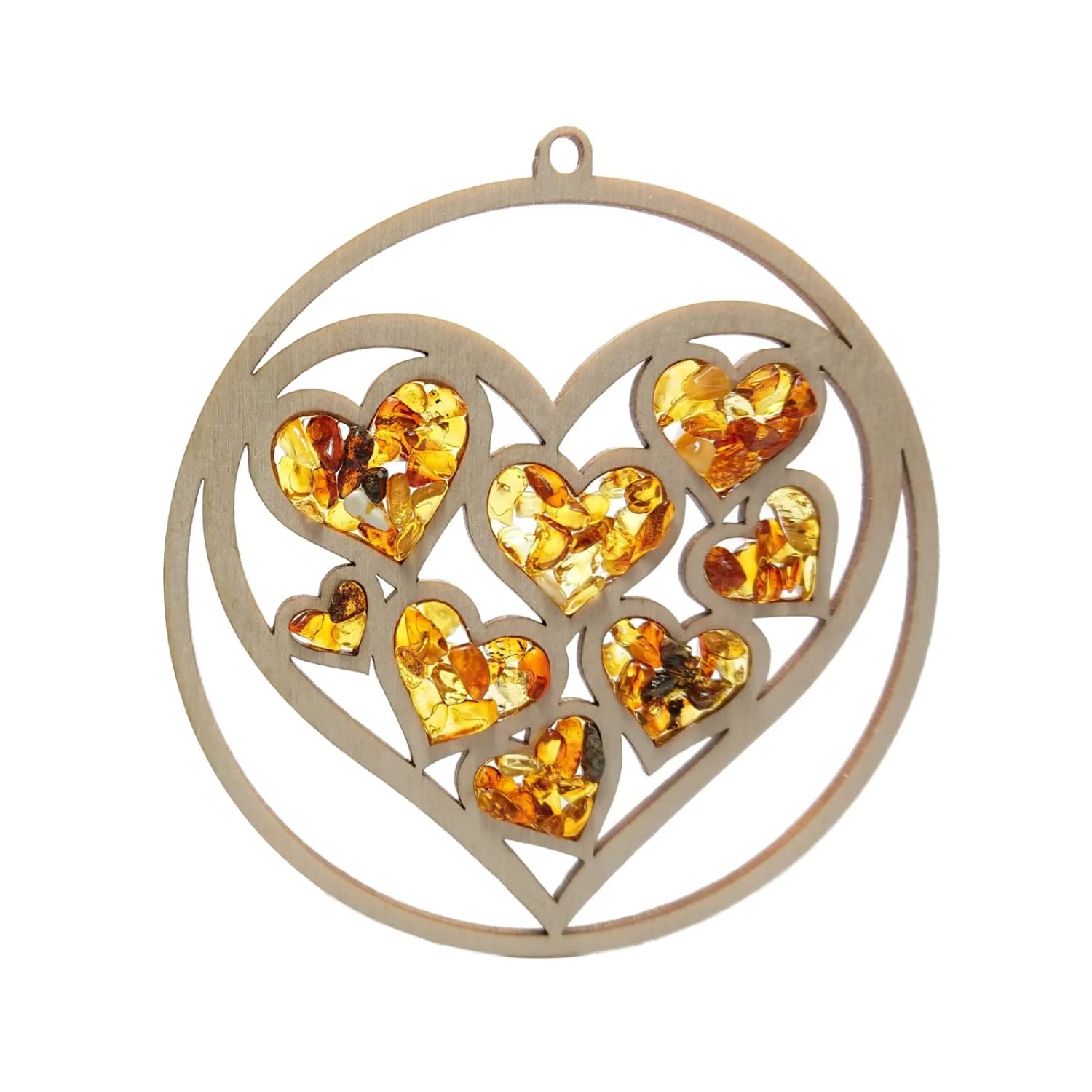 Window Decoration Sun Catcher Amber in Birch Wood Hearts in Heart Diameter 11 cm Including Gift Box
