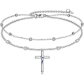 LUHE Cross Ankle Bracelets Sterling Silver Religius Double Chain Anklets Christian Baptism Layered Anklet Jewelry Gifts for Women