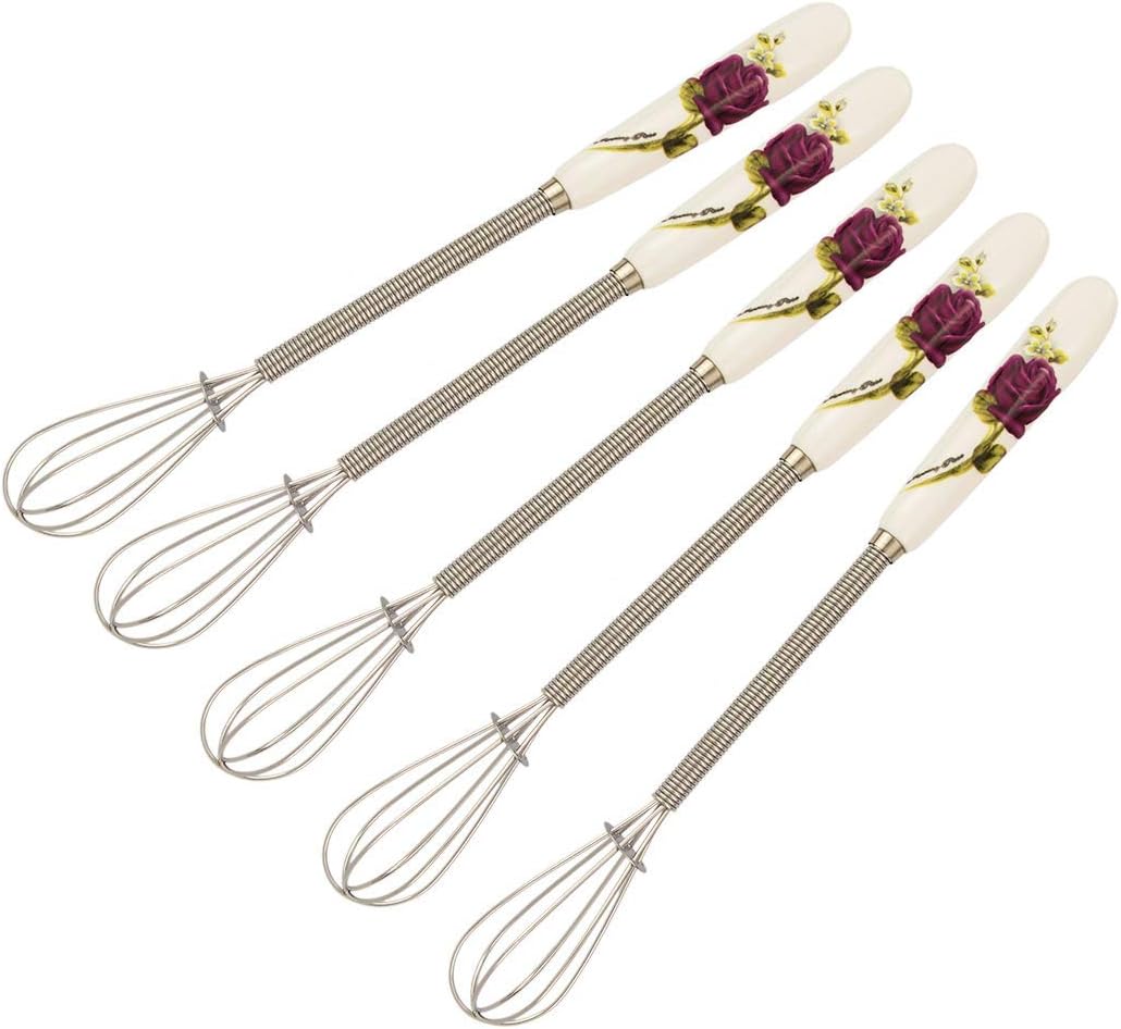 Mini Whisks Stainless Steel Set of Five Rose Ceramic Handle Whip Kitchen Tool 5PCS