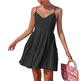 FANCYINN Women's Summer V Neck Casual Swing Short Dress Spaghetti Strap Tiered Backless Dresses with Pockets