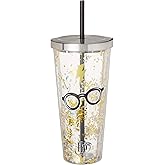 Spoontiques - Harry Potter Tumbler - Glasses Glitter Cup with Straw - 20 oz - Acrylic - Gold