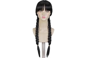 Aeilene Wednesday Long Black Braids Wig with Bangs and Pigtails for Party Costume Halloween