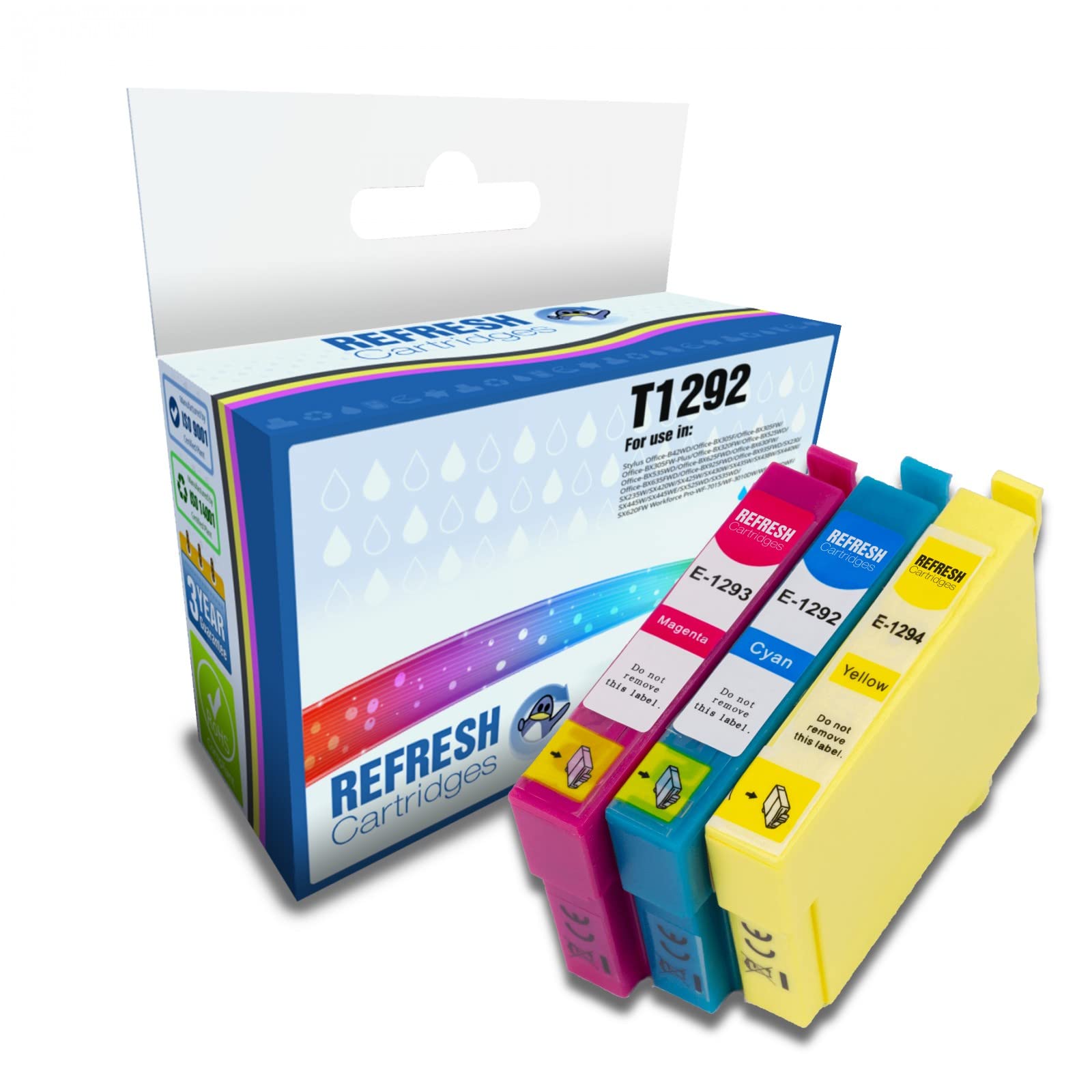 Refresh Cartridges Remanufactured Ink Cartridge Replacements Set of 3 Colours for Epson T1292, T1293, T1294 (Cyan, Magenta, Yellow)