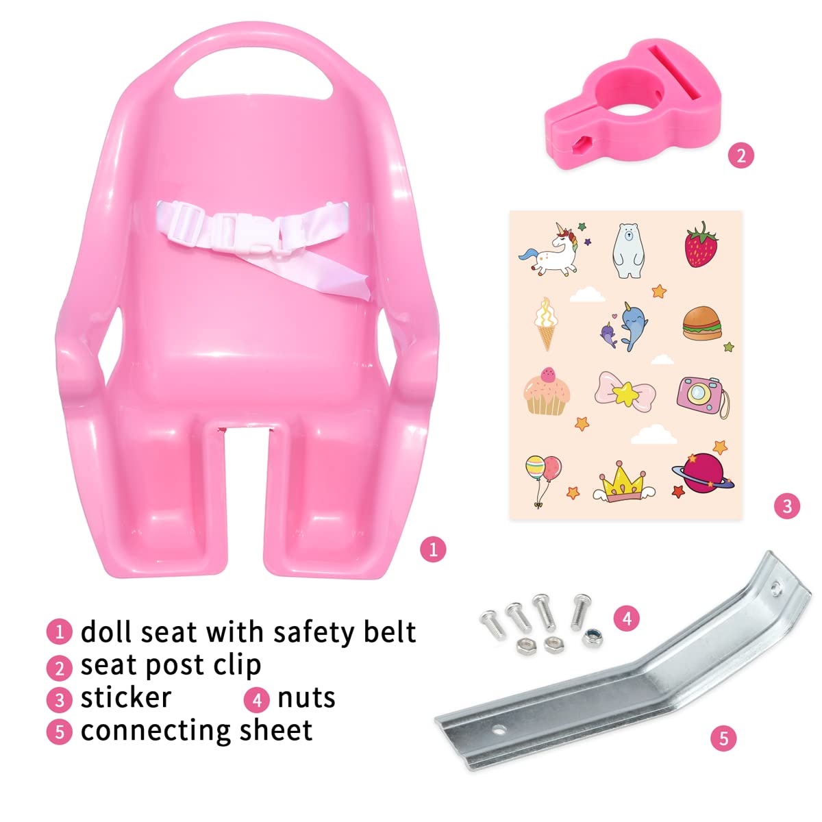 Glerc Doll Bicycle Seat with Stickers Decals Bike Attachment Accessory, Multiple Colors