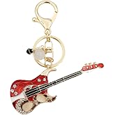 Elechobby Bass Guitar Keychain with Microphone Charm, Red and Gold Musical Instrument Key Ring