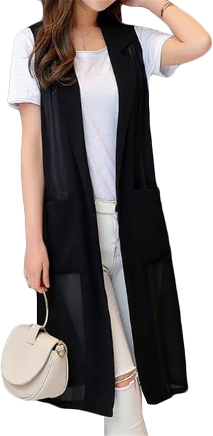 Amazon ジャンーウェ レディース 大きいサイズ ノースリーブ シフォン ベスト ロング丈 夏 カーディガン 薄手 襟付き ベスト 通販