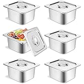 Mwellewm 6 Set Hotel Pan 1/6 Size 4 Inch Deep Stainless Steam Table Pans with Lids Stackable Commercial Anti Jam Metal Steam Tray Catering Food Storage Steel Pan for Restaurant Buffet Party Supplies