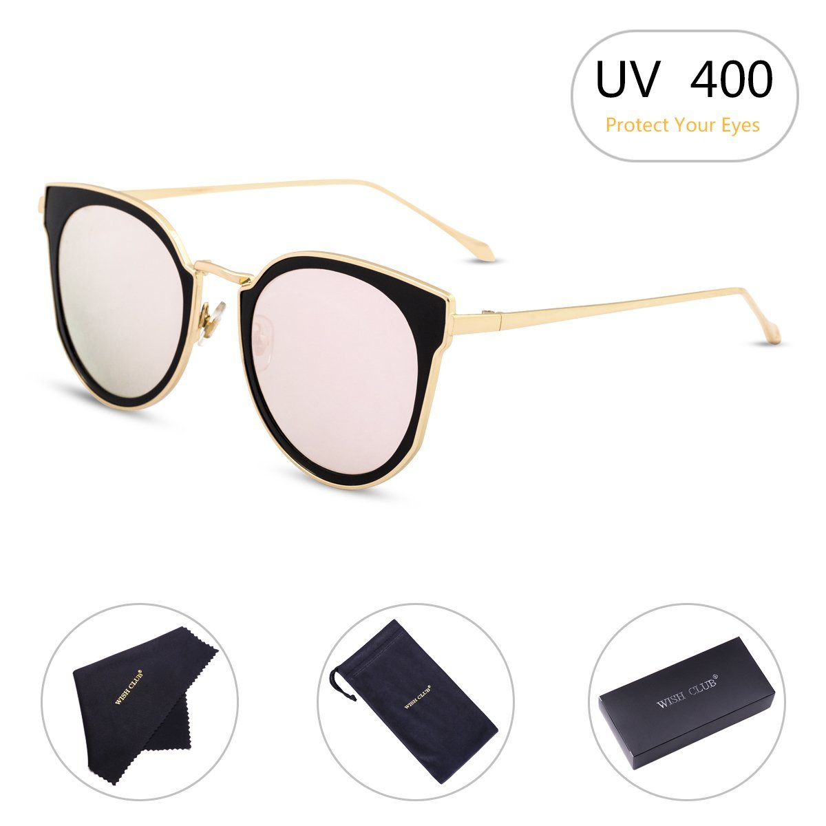 WISH CLUB Cat Eyes Flat Lens Fashion Sunglasses for Women Horn Rimmed with UV 400 Eyewear for Girls Metal Frame Sun Glasses (Pink3) 8059