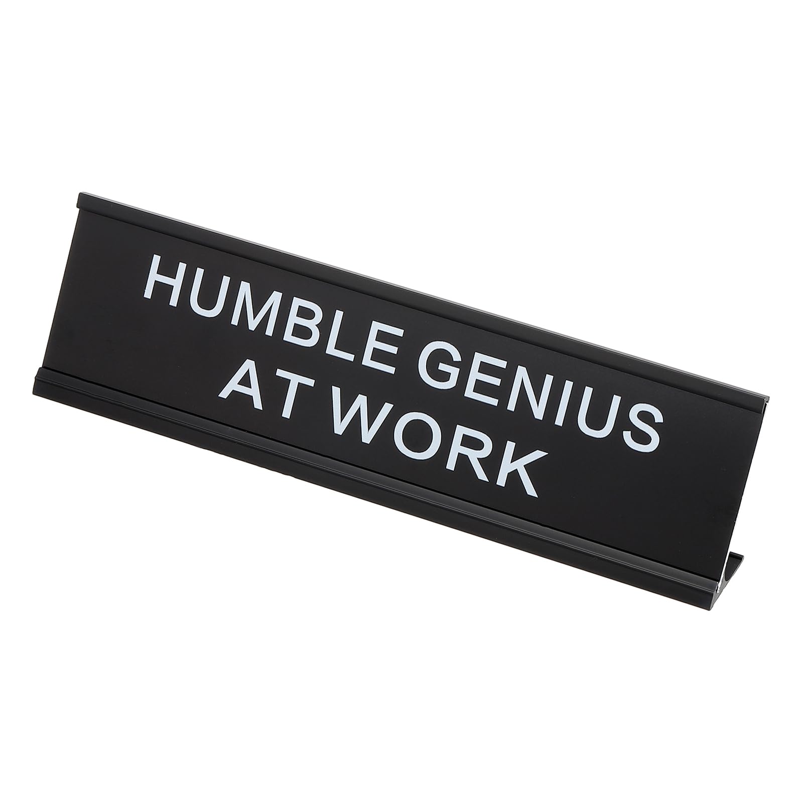 PATIKIL Funny Nameplate, 8"x2" Novelty Desk Sign Plaque Aluminum Desk Name Plate with Base for Office, Black White (Humble At Work)