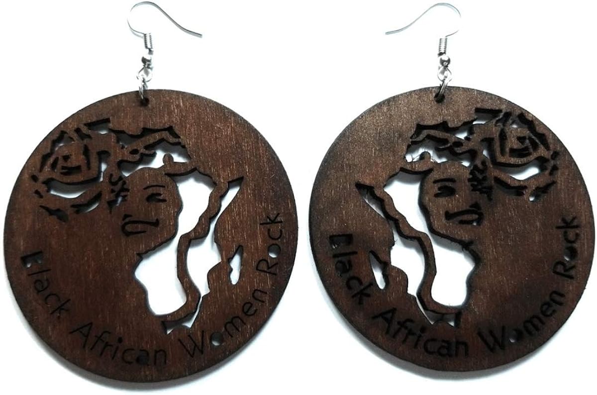 Teri's Boutique Black African Women Rock Engraved Wood Natural Color Fashion Jewelry Dangle Drop