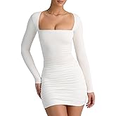 LCNBA Women's Long Sleeve Square Neck Ruched Bodycon Mini Dress