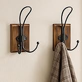 Rzoklot 2-Pack Rustic Wood Wall Hooks - Wall Mounted or Adhesive Coat Rack for Bathroom Towels Robes - Farmhouse Modern Decorative Entryway Hangers for Hats Keys Purses Bags, Brown