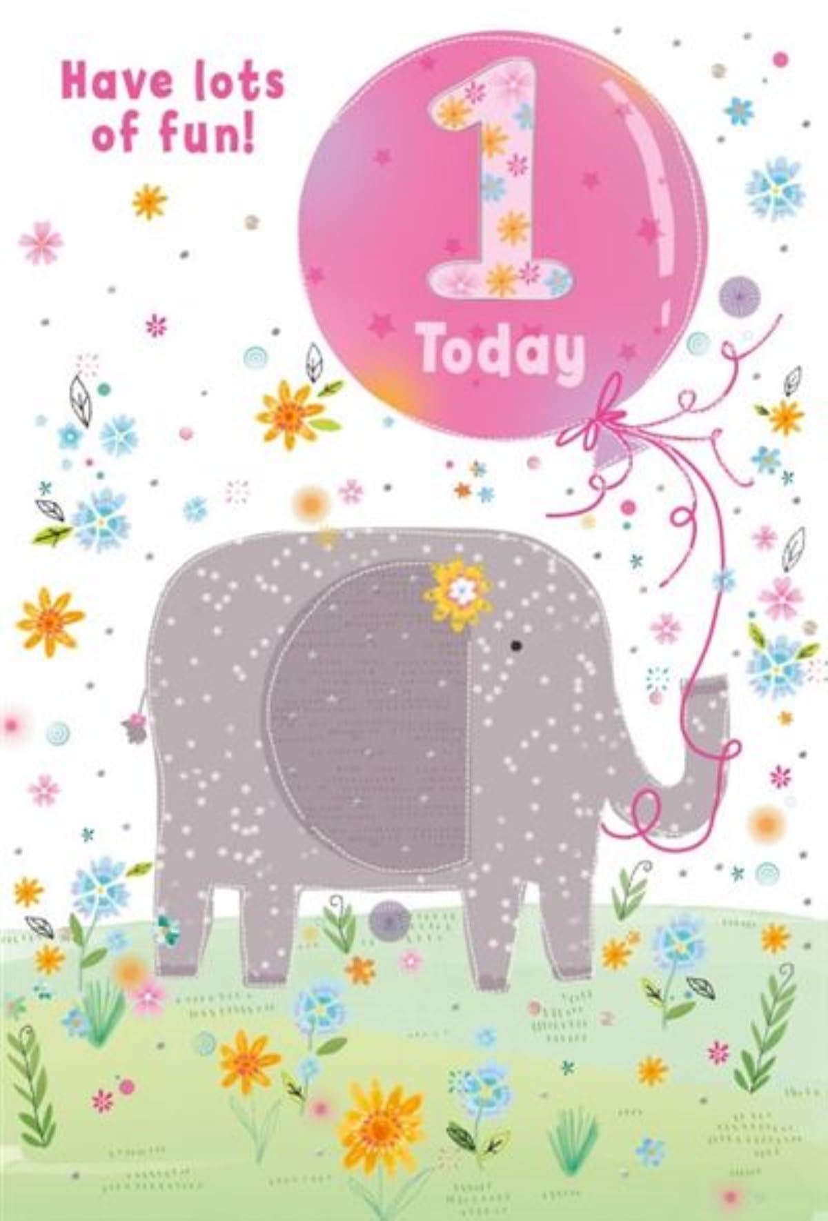 Age 1 Girl Birthday Card - 1st Birthday Elephant with Pink Balloon 7.75x5.25