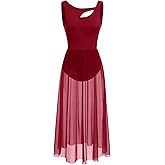 ODASDO Lyrical Dance Costumes for Women Contemporary Dancewear Sleeveless Cut Out Front Mesh Tulle Maxi Dress XS-XL