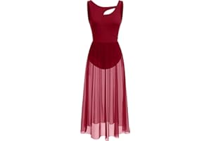 ODASDO Lyrical Dance Costumes for Women Contemporary Dancewear Sleeveless Cut Out Front Mesh Tulle Maxi Dress XS-XL