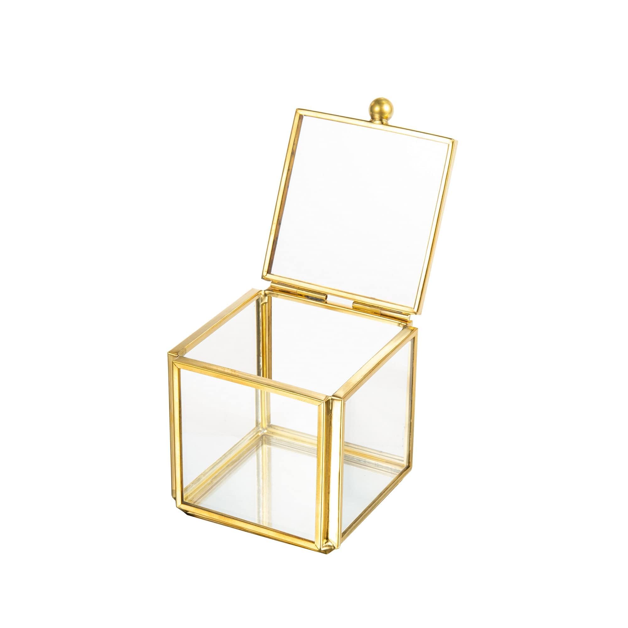 Photo 1 of Feyarl Small Glass Jewelry Trinket Box Ornate Rings Earrings Display Shadow Box Treasure Chest Organizer Decorative Keepsake Case with Lid for Wedding Birthday Gift (Gold)