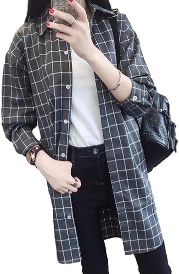 Amazon Denim デニム 選べる4色 レディース シンプル チェック シャツ 着回し 羽織 長袖 ロング丈 ロングシャツ チュニック ワンピース チェックシャツ 長袖トップス 3サイズ ワンピース チュニック 通販