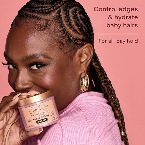 SHEA MOISTURE DEFINE & SHINE EDGE GEL + FLAXSEED COCONUT & HIBISCUS HOLDS AND CONTROLS EDGES ALL DAY INFUSED WITH GLYCERIN, COCONUT OIL AND AN INVIGORATING SWEET SCENT PARABEN-FREE HAIR 3.5 OZ