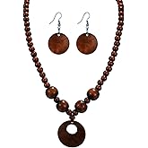 CWFPBA Vintage Chunky Colorful Wood Beads Choker Circle Pendant Necklace Earrings Set Bohemian Wooden Chain Ethnic Bib Boho Statement Hip Hop Cool Collar Jewelry for Women